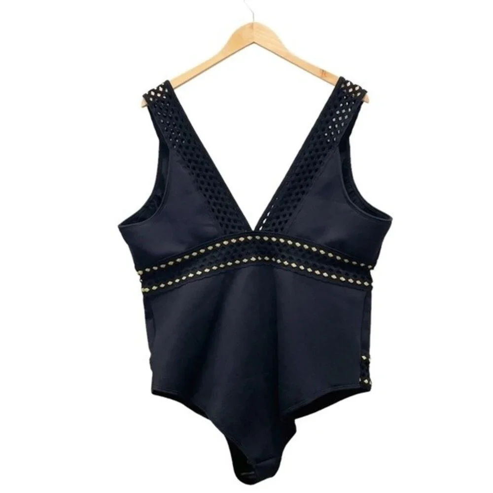 NWT River Island Black Gold Embroidered Plunge One Piece Swimsuit Size 20 NEW